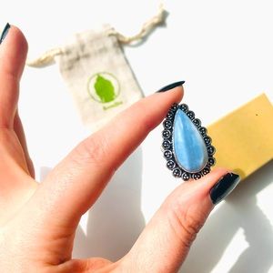 Blue Owyhee Opal oblong teardrop gem stone crystal sterling silver 925 Ring 6.5